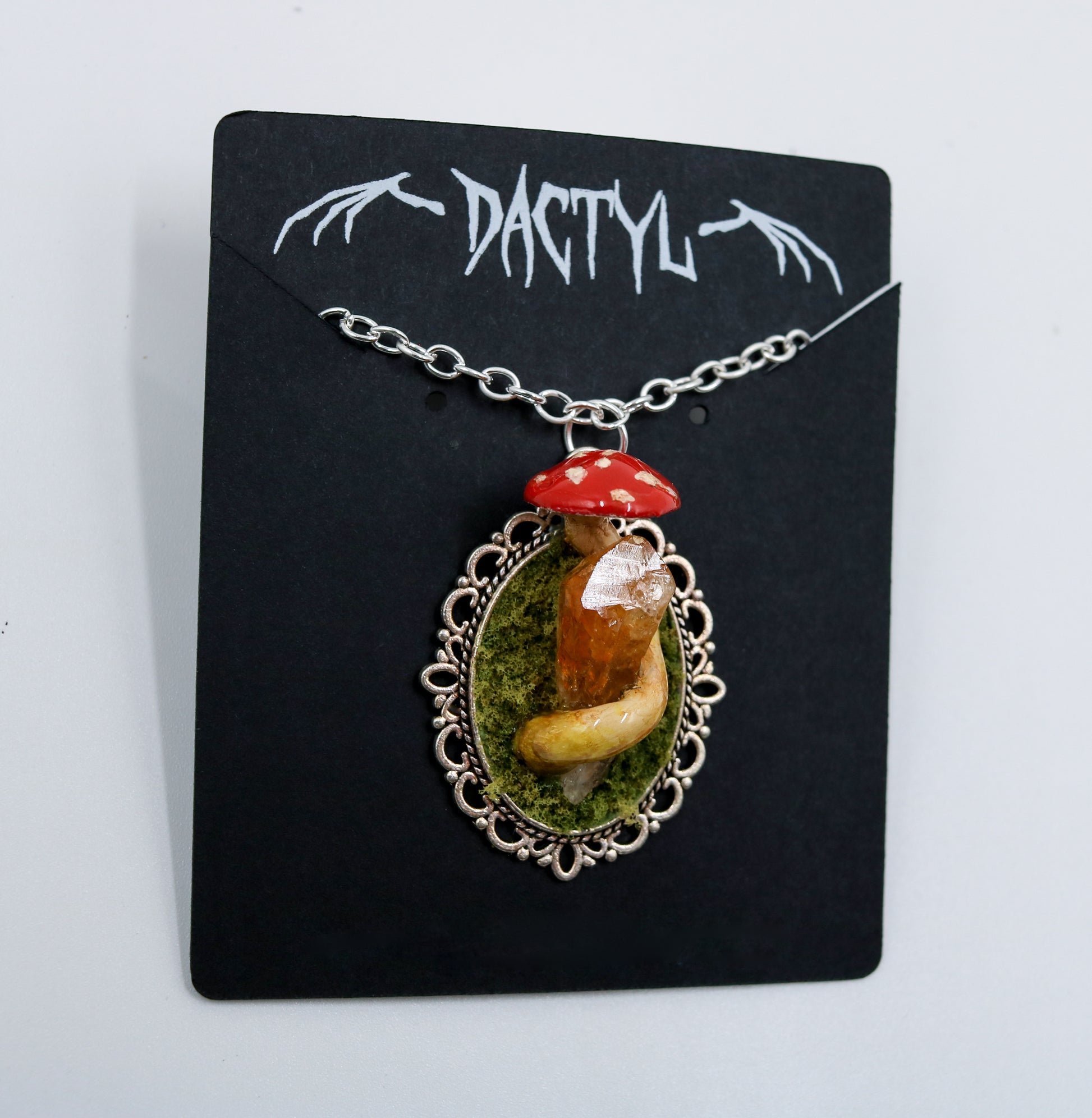 Amanita Mushroom Citrine Crystal Necklace Jewelry moss silver fungi