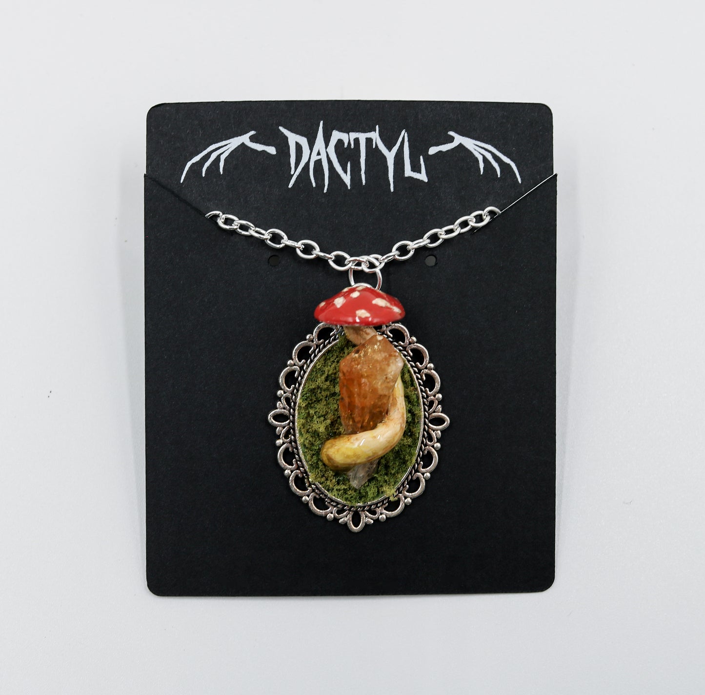 Amanita Mushroom Citrine Crystal Necklace Jewelry moss silver fungi